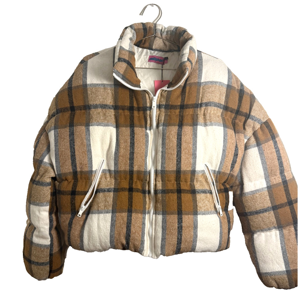 Edikted Plaid Cropped Puffer Jacket Brown White Oversized Size‎ M NWT Streetwear